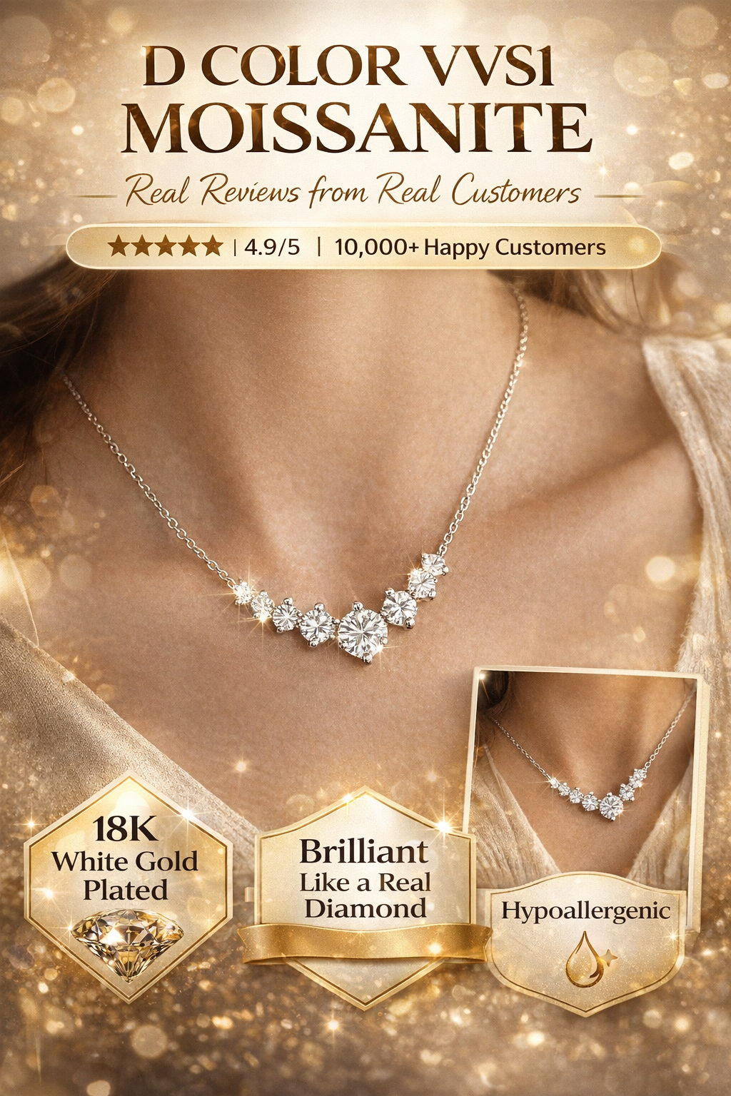 D Color Moissanite Pendant Necklace – Brilliant Sparkle, Elegant Gift for Her