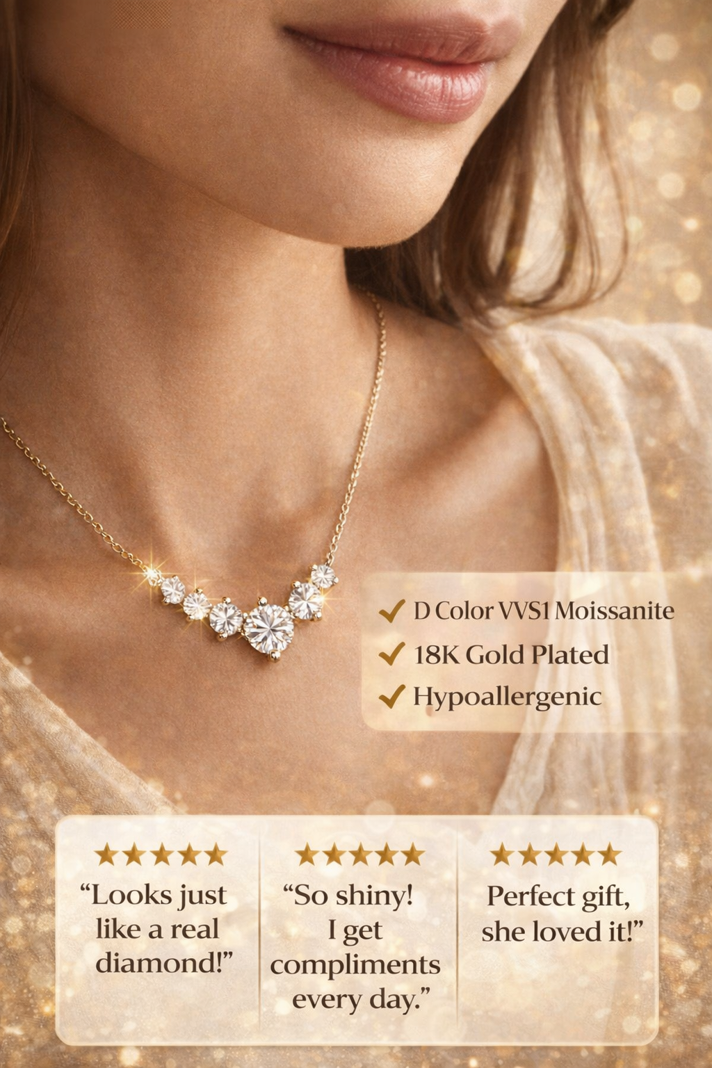 D Color Moissanite Pendant Necklace – Brilliant Sparkle, Elegant Gift for Her