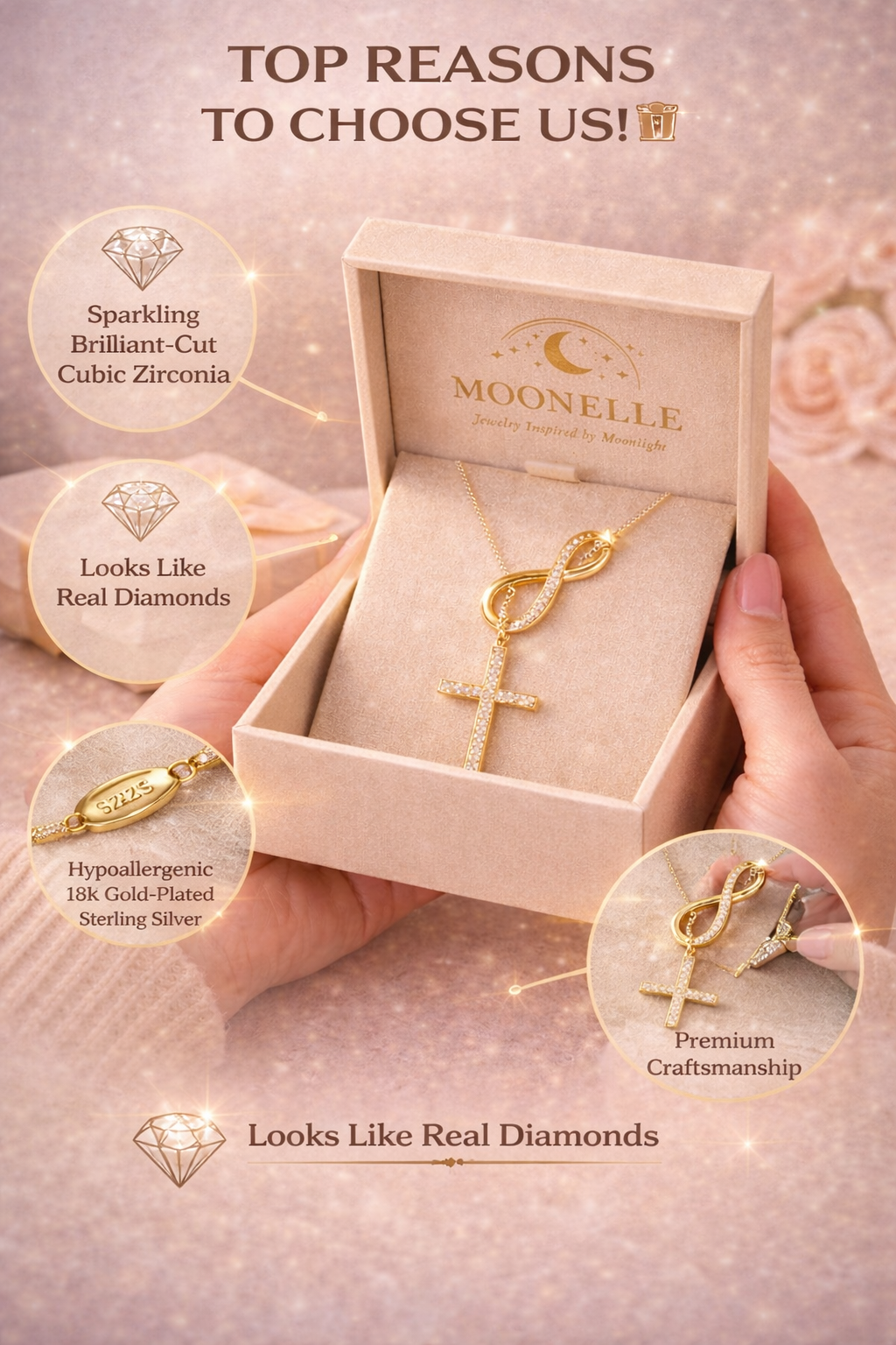 Vionarel Infinity Cross Moissanite Necklace – Symbol of Eternal Faith & Love, Elegant Gift for Her