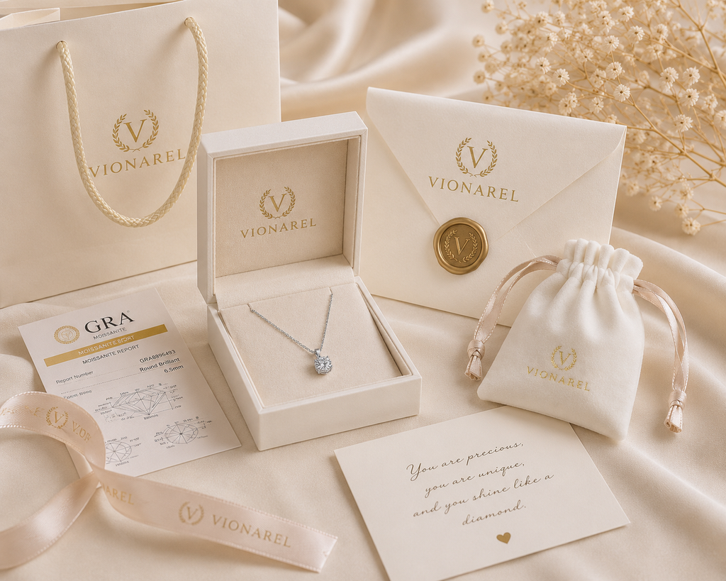Vionarel Round Cut Moissanite Pendant Necklace in 925 Silver Gold Plated Finish — gift presentation
