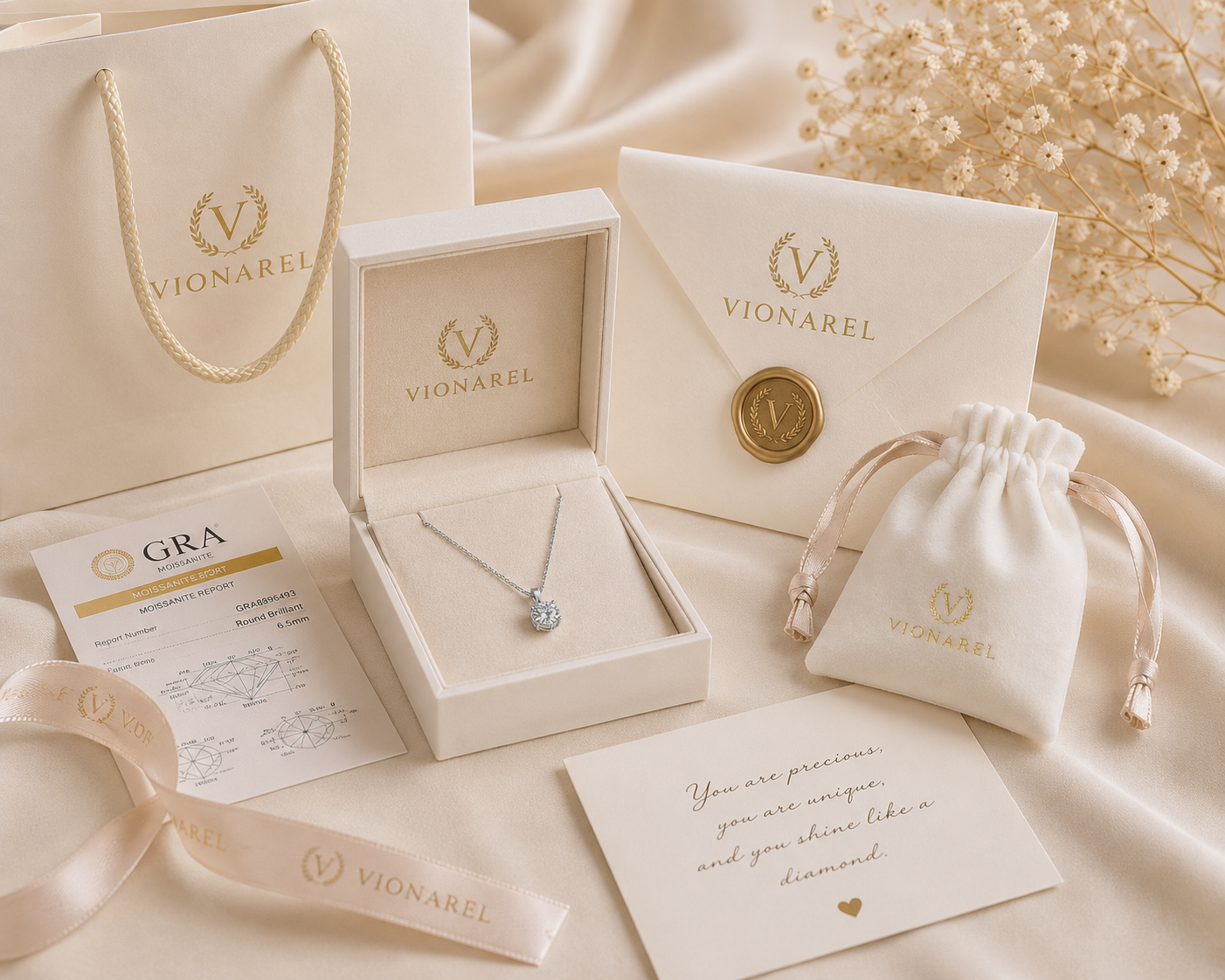 Vionarel Round Cut Moissanite Pendant Necklace in 925 Silver Gold Plated Finish — gift presentation