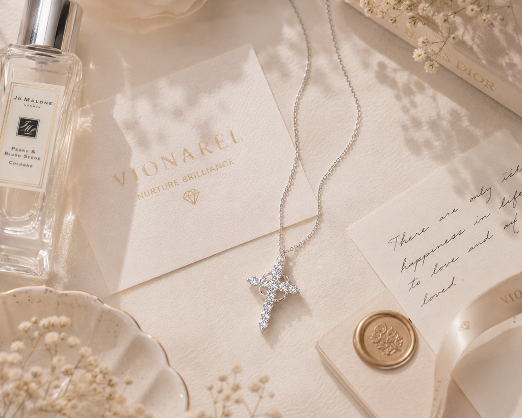 Vionarel Moissanite Cross Necklace in 925 Sterling Silver
