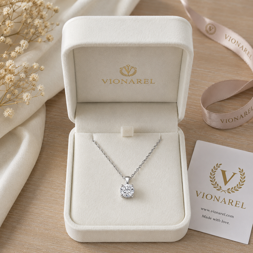 Vionarel Round Cut Moissanite Pendant Necklace in 925 Silver Gold Plated Finish — with Vionarel gift-ready packaging