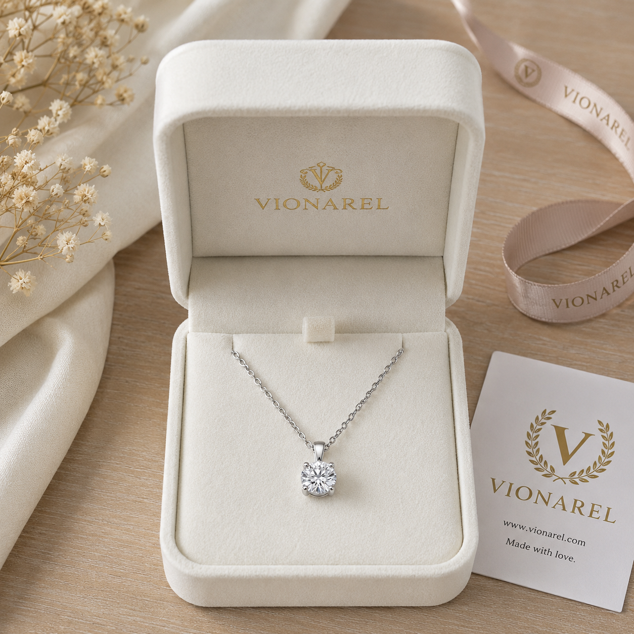Vionarel Round Cut Moissanite Pendant Necklace in 925 Silver Gold Plated Finish — with Vionarel gift-ready packaging