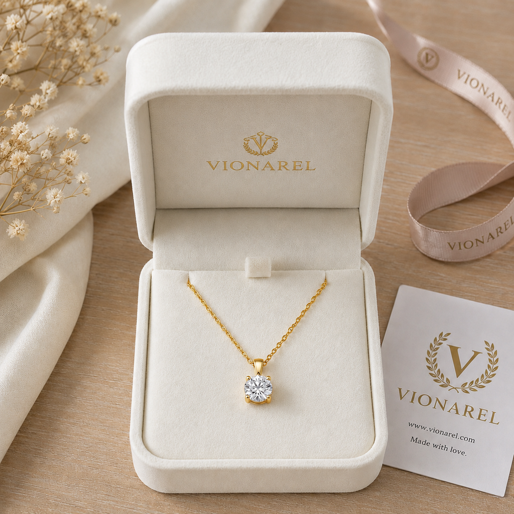 Vionarel Round Cut Moissanite Pendant Necklace in 925 Silver Gold Plated Finish — with Vionarel gift-ready packaging