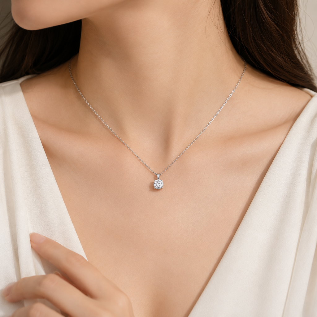 Vionarel Round Cut Moissanite Pendant Necklace in 925 Silver Gold Plated Finish — shown on a model