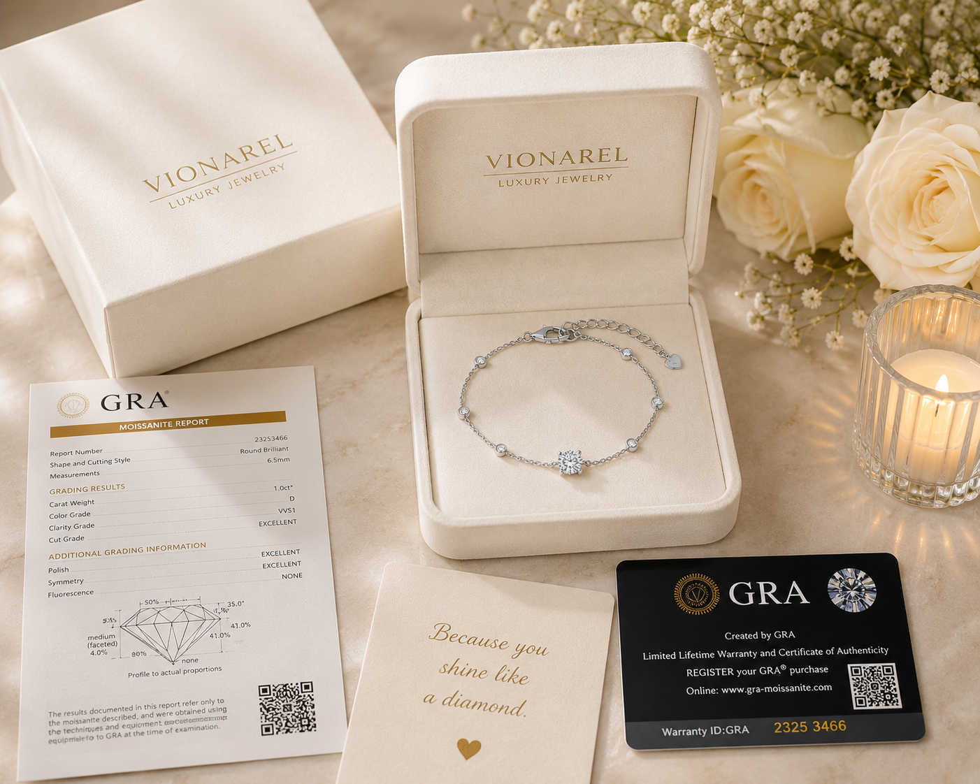 Vionarel 1CT D Color Moissanite Tennis Bracelet in 925 Sterling Silver