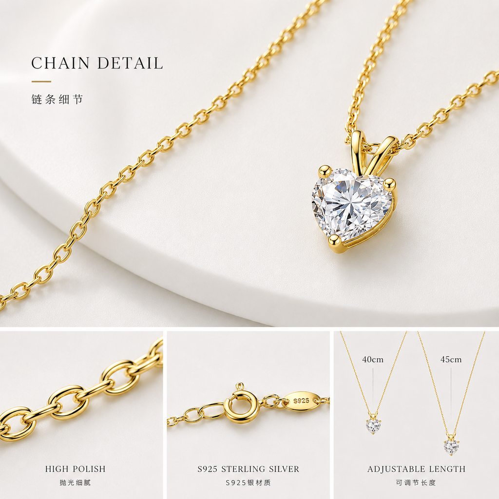 Vionarel Heart Cut Moissanite Necklace in 925 Silver Gold Plated Finish