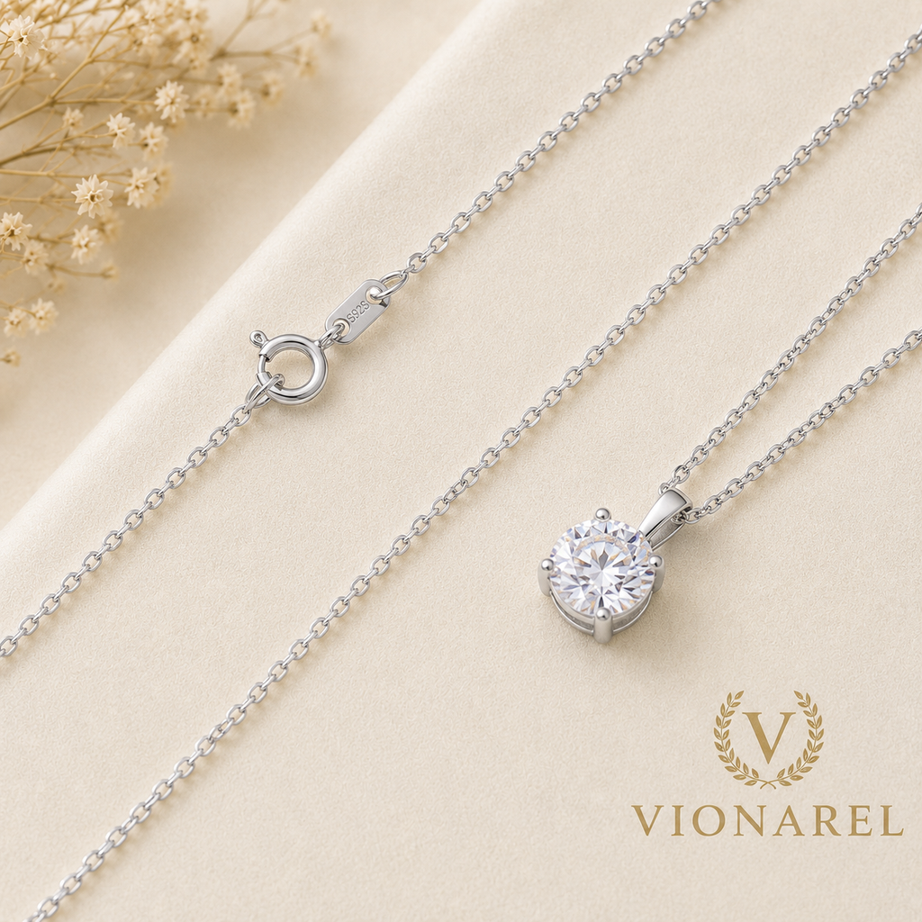 Vionarel Round Cut Moissanite Pendant Necklace in 925 Silver Gold Plated Finish — chain detail