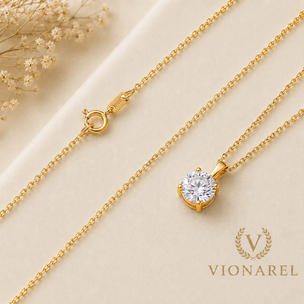 Vionarel Round Cut Moissanite Pendant Necklace in 925 Silver Gold Plated Finish — chain detail