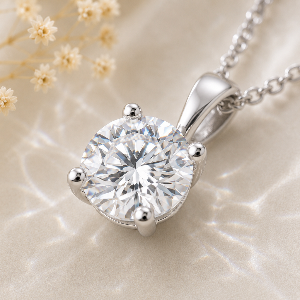 Vionarel Round Cut Moissanite Pendant Necklace in 925 Silver Gold Plated Finish — moissanite stone close-up