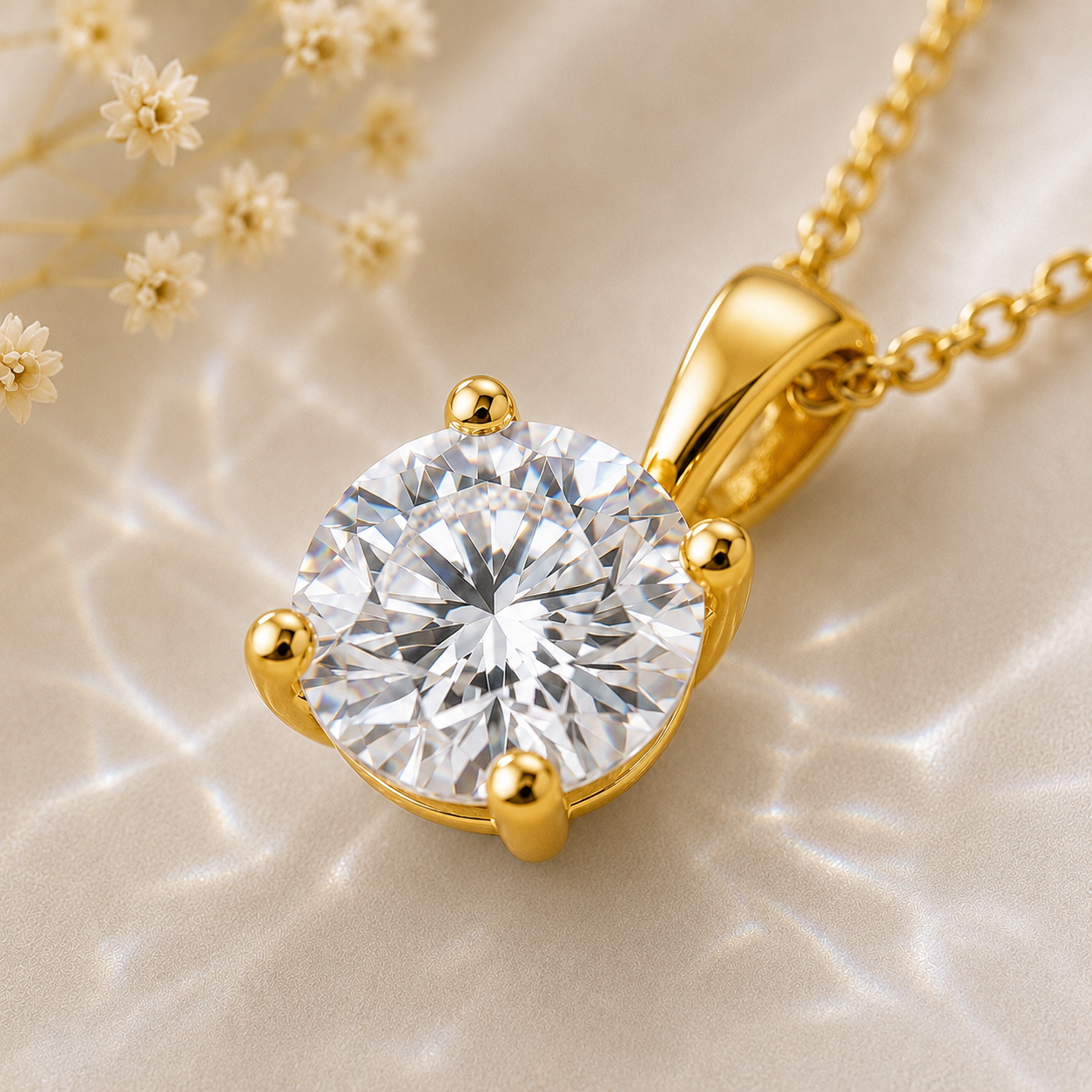 Vionarel Round Cut Moissanite Pendant Necklace in 925 Silver Gold Plated Finish — moissanite stone close-up