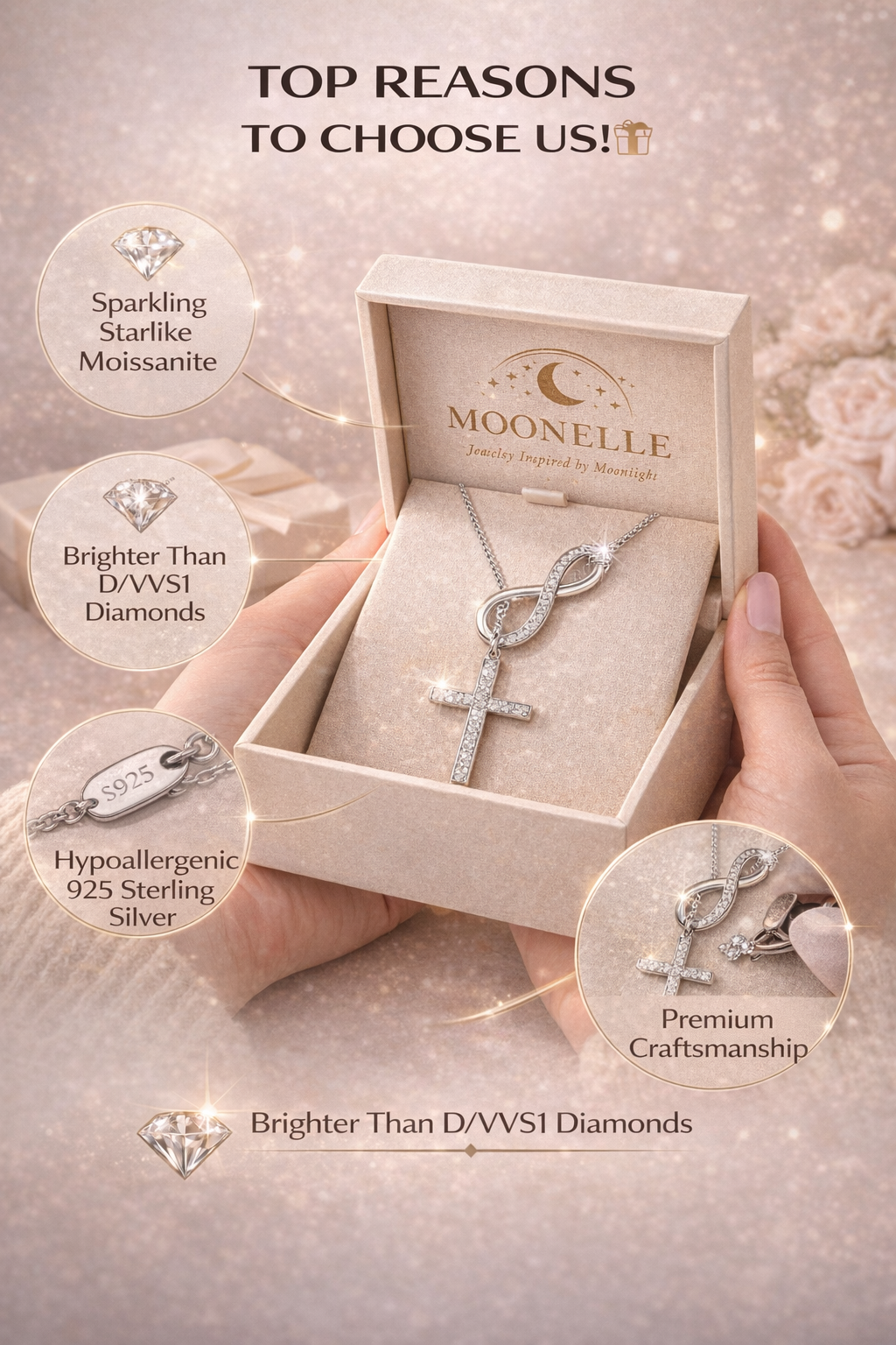 Vionarel Infinity Cross Moissanite Necklace – Symbol of Eternal Faith & Love, Elegant Gift for Her