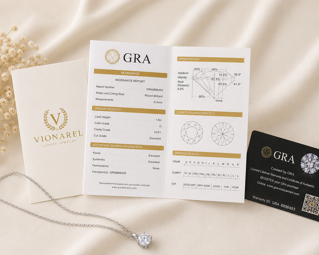 Vionarel Round Cut Moissanite Pendant Necklace in 925 Silver Gold Plated Finish — certificate and authenticity presentation