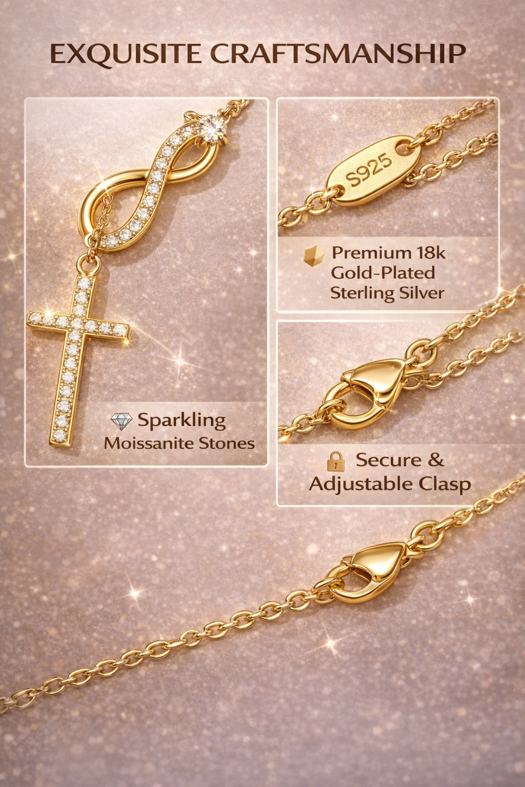 Vionarel Infinity Cross Moissanite Necklace – Symbol of Eternal Faith & Love, Elegant Gift for Her