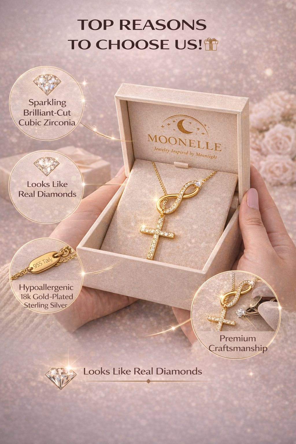 Vionarel Infinity Cross Moissanite Necklace – Symbol of Eternal Faith & Love, Elegant Gift for Her